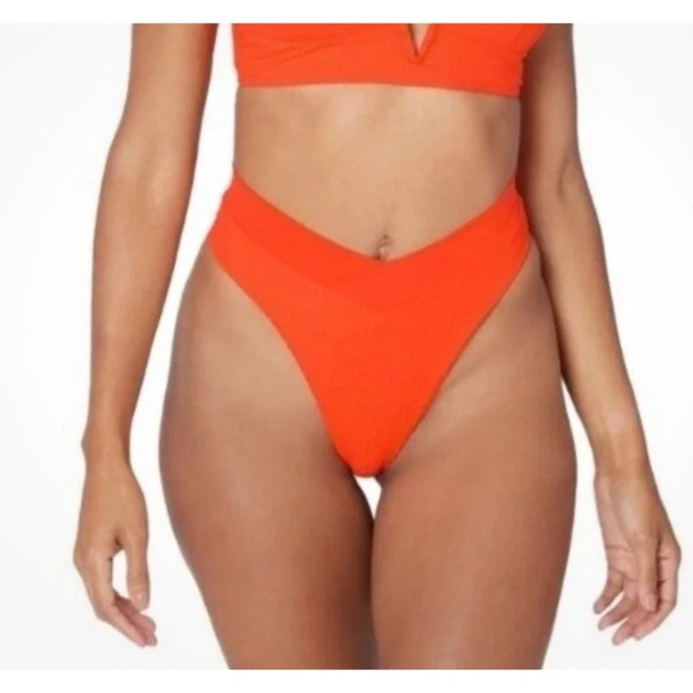 NWT L‎ Space Pointelle Ribbed Court Bottom High Waisted Bitsy Bikini Orange XL